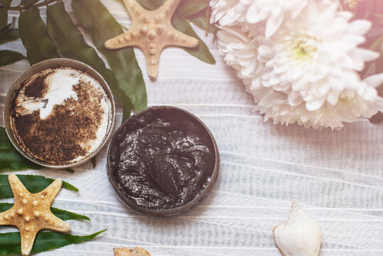 image of homemade cosmetics ingredients. aroma theme. Black mask, clay.