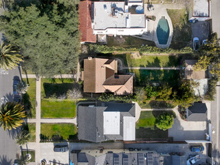 Aerial top view of Pasadena neighborhood in northeast of downtown Los Angeles, California, USA