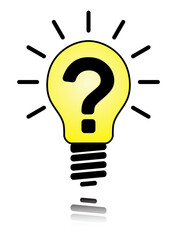 Lightbulb with question mark, colorful vector graphic. Yellow lightbulb design isolated on white.
