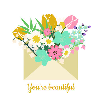 Postcard You are beautiful. Beautiful spring flowers tulip, forget-me-not, lily of the valley, in an envelope for printing on decorative pillows, dishes, women's clothing. Vector graphics.
