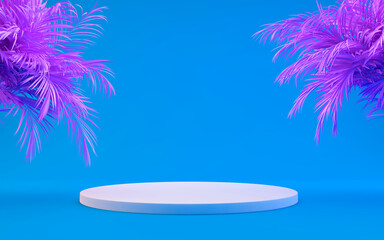 Product display podium decorated with tropical pink palm leaves on blue background