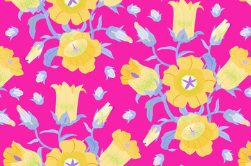 Seamless vector illustration with campanula on pink background. For decorating textiles, packaging, web design.