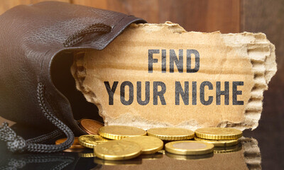 On the table is a bag of money from which sticks out cardboard with the inscription - FIND YOUR NICHE