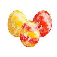 Three colorful easter eggs, red, yellow and red-yellow striped, isolated on white background