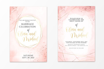 Wedding invitation template on dusty pink liquid watercolor background with golden lines and frame. Pastel blush marble alcohol ink drawing effect. Vector illustration of romantic card design