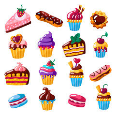Set of cakes, cupcakes, eclairs, cookies vector flat illustration.