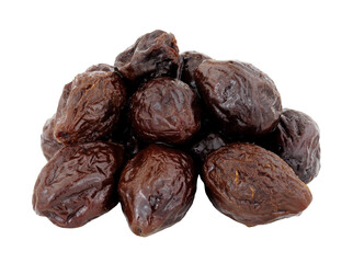 Group of prunes made from dried plumb fruits high fibre healthy food ingredient isolated on a white background