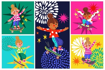 Obraz na płótnie Canvas Vector bright illustration in comic doodle style with girls skateboarding.