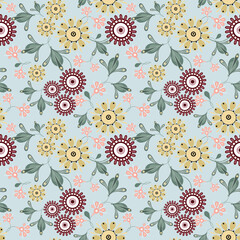 Floral seamless pattern in ethnic painting style. Elegant vector hand drawn texture with small flowers, leaves, buds. Modern folk ornamental background. Retro vintage ornament. Stylish repeat design