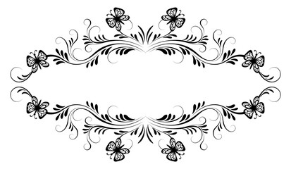 Vintage floral frame ornament with butterflies and flower for decoration greeting card or tattoo isolated on white background