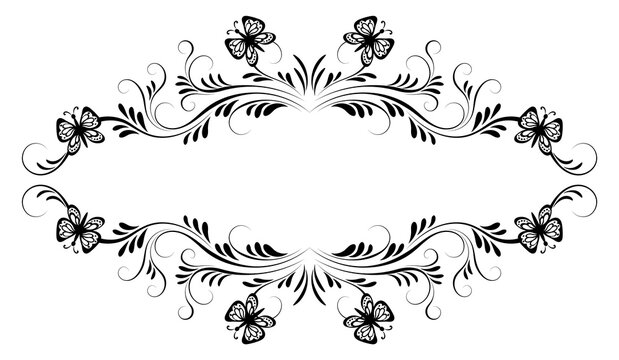 Vintage floral frame ornament with butterflies and flower for decoration greeting card or tattoo isolated on white background