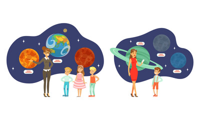 People Visiting Exhibition in Planetarium Set, Visitors Watching Models of Planets Cartoon Vector Illustration