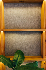 Wooden Bookshelf With Gray Backdrop, Wall. Backlight. Copy space