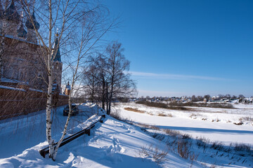 View of the village of Goritsy from the village of Dunilovo on a sunny winter day.