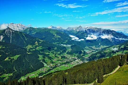 Austrian Alps-view on the peak Zimba and town Schruns in valley Montafon