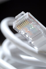 network LAN cable white with a connector rj 45. close-up.