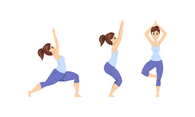 Young Woman Practicing Yoga Set, Slim Girl in Sports Outfit Performing Different Yoga Poses, Healthy Lifestyle Concept Cartoon Vector Illustration