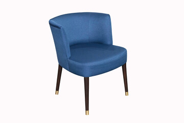 Comfortable blue armchair at 45 degrees on white background. Interior element