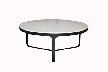 White stone table on a black stand on a white background. Interior element
