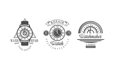 Repair Service Premium Logo Design Templates Set, Watchmaker Monochrome Retro Badges Cartoon Vector Illustration