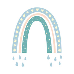 Cute childrens rainbow in minimalistic boho style with rain. Suitable for cards, posters, ornaments of the childrens room. Vector illustration