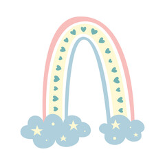 Cute childrens rainbow in minimalistic boho style with stars. Suitable for cards, posters, ornaments of the childrens room. Vector illustration