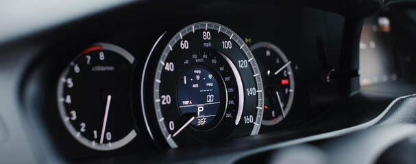 Miles Speedometer of Modern car close up. - obrazy, fototapety, plakaty