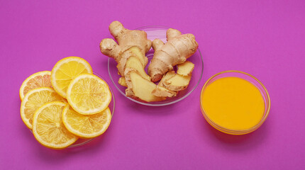 Lemon ,honey and ginger. Сoncept of healthy food, strengthening immunity and alternative therapy.