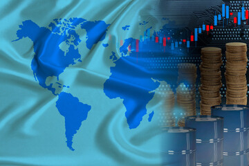 barrels of oil, metal coins, oil futures trading concept, growth of DBO index on stock exchange, global world trade, falling and rises oil prices