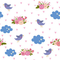 Seamless pattern with blooming flower beds, birds and clouds. Spring pattern.