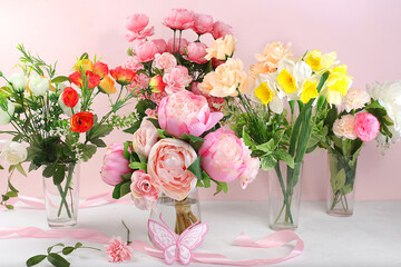 Holiday concept with flowers, spring or summer composition, still life, flowers in a vase, banner. Mother's day card, happy birthday, wedding, flower shop advertisement,