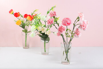 Holiday concept with flowers, spring or summer composition, still life, flowers in a vase, banner. Mother's day card, happy birthday, wedding, flower shop advertisement, selective focus,