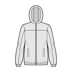 Windbreaker jacket technical fashion illustration with hood, oversized, long sleeves, welt pockets, zip-up opening. Flat coat template front, grey color style. Women, men, unisex top CAD mockup © Vectoressa
