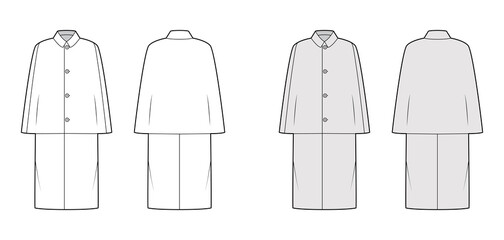 Inverness coat cape technical fashion illustration with long sleeves, round lapel collar, midi length. Flat jacket template front, back, white, grey color style. Women, men, unisex top CAD mockup