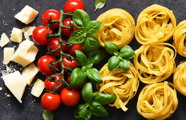 Tagliatele pasta, tomatoes, basil and parmesan cheese on a black concrete background. Ingredients...