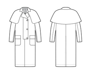 Duster coat technical fashion illustration with long sleeves, napoleon collar, oversized body, midi length, cape. Flat jacket template front, back, white color style. Women, men, unisex top CAD mockup © Vectoressa