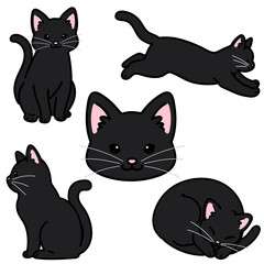 Set of simple and adorable black cat illustrations outlined