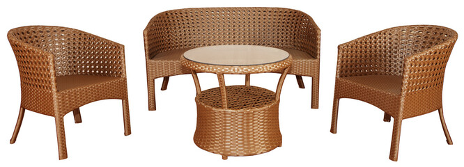 Brown rattan wicker furniture set. Outdoor or garden furniture. - obrazy, fototapety, plakaty