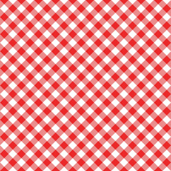 Diagonal gingham seamless pattern. Red and white squares background. Checkered texture for picnic blanket, tablecloth, plaid. Italian style textile, fabric geometric design. Vector flat illustration.