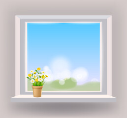 Window in interior, view on landscape, spring, flower pot with flowers daisy and dandelions on windowsill, curtains. Vector illustration template realistic
