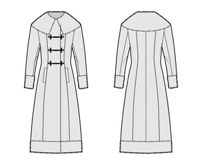 Cossack coat technical fashion illustration with long sleeves, fur cuff, collar, hem, midi length, double breasted. Flat jacket template front, back grey color style. Women, men, unisex top CAD mockup © Vectoressa