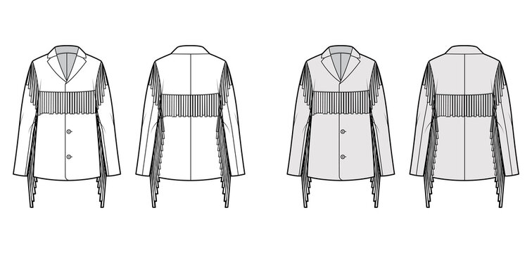 Western jacket technical fashion illustration with fringe, long sleeves, notched collar, button opening, yoke. Flat coat template front, back, white, grey color style. Women, men unisex top CAD mockup