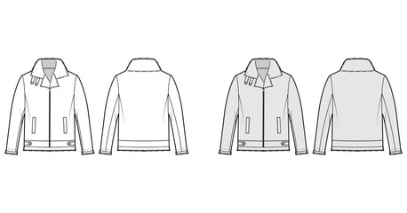 Zip-up Bomber leather jacket technical fashion illustration with fur shearing, oversized, long sleeves, pockets. Flat coat template front, back white, grey color style. Women men unisex top CAD mockup © Vectoressa