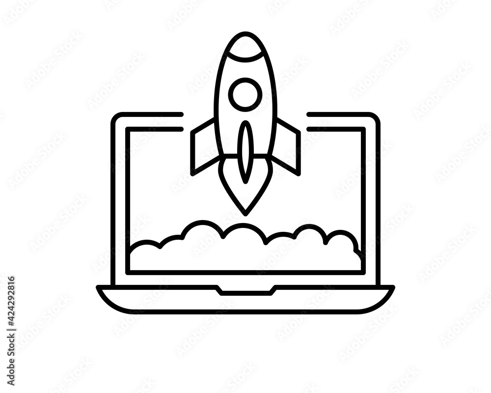 Poster concept rocket launch from laptop icon. space rocket flying from notebook into space. conceptual bus