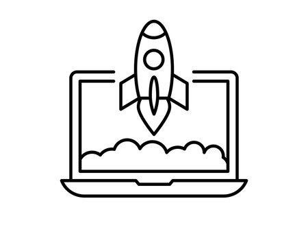 recommend clip art: Concept rocket launch from laptop icon. Space rocket flying from notebook into space. Conceptual business startup symbol. Thin line icon on white background. Vector illustration.