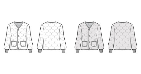 ALS 92 field jacket liner technical fashion illustration with long sleeves, oval patch pockets, Onion quilted shell. Flat coat template front, back white, grey color style. Women men unisex CAD mockup