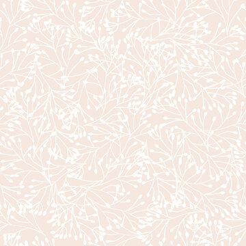 White beige seamless nature background from white hand drawn contour flowers. Repeating abstract nature texture for fabric, tiles, wallpaper. Dense floral surface pattern design