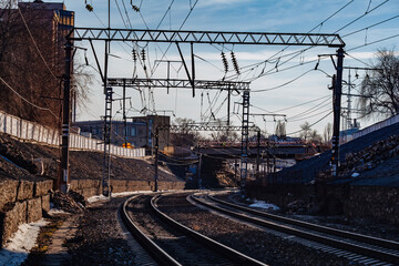 Fototapeta na wymiar Railway track in the city, selective focus