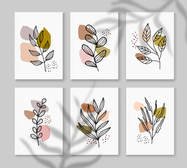 Set of poster Abstract Boho in minimal and natural style with tropical leaf. Printable wall art. Trendy and modern digital interior decoration art in a minimalist with earth tone color.