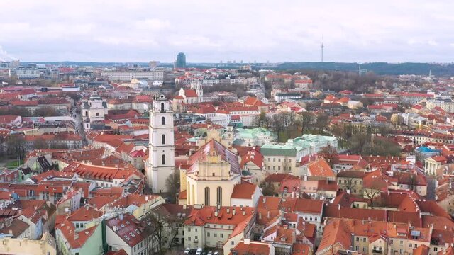 Beautiful colorful Vilnius Old Town. Drone wide shot of cityscape.